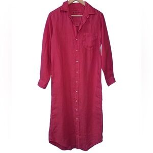 Frank & Eileen Linen Fuchsia Long Sleeve Dress with a Collar and Pocket